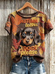Women's Autumn Leaves & Dogs Please Peeking Dachshund Dog Print short-sleeved T-shirt