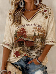 Women's OCTOBER IN NEW ENGLAND Printed Mid-length Sleeves V-neck T-shirt