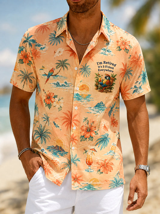 Men's I'm Retired It's 5 O'clock Everywhere Parrot Print Casual Short Sleeve Shirt