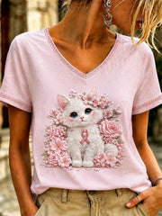 Women's Breast Cancer Pink Art  Printed V-neck T-shirt
