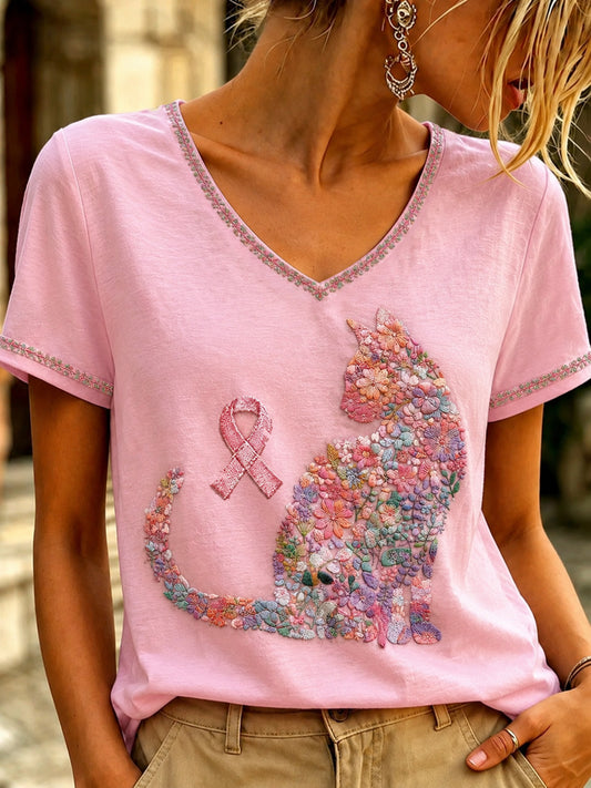 Women's Breast Cancer Pink Art  Printed V-neck T-shirt