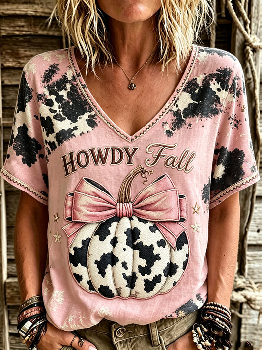 Women's Western Howdy Fall Pink Pumpkin Cowhide Print linen short-sleeved T-shirt