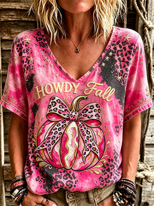 Women's Western Howdy Fall Pink Pumpkin Leopard Cowhide Print linen short-sleeved T-shirt