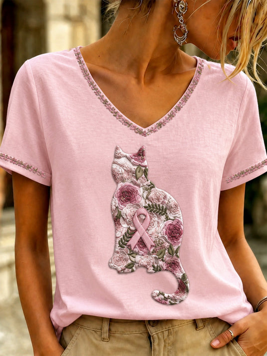 Women's Breast Cancer Pink Art  Printed V-neck T-shirt