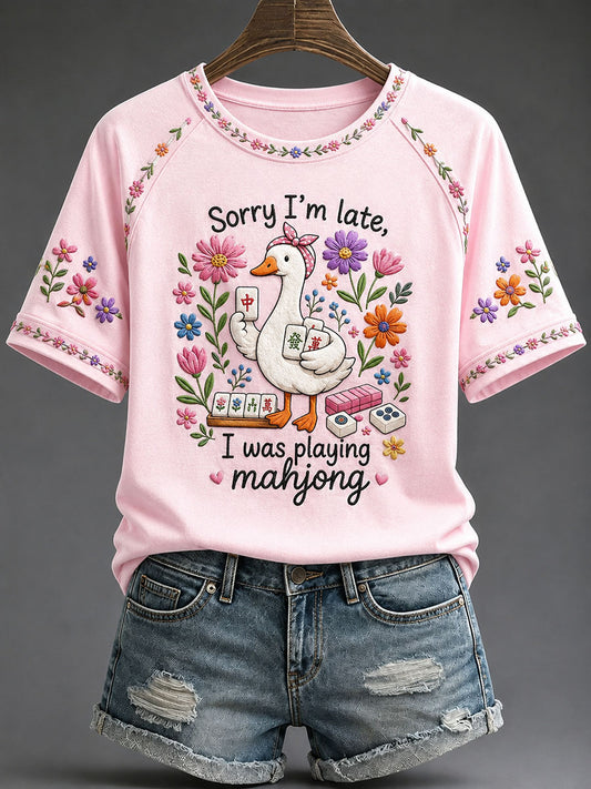 Women's Funny Mahjong Print Casual T-Shirt