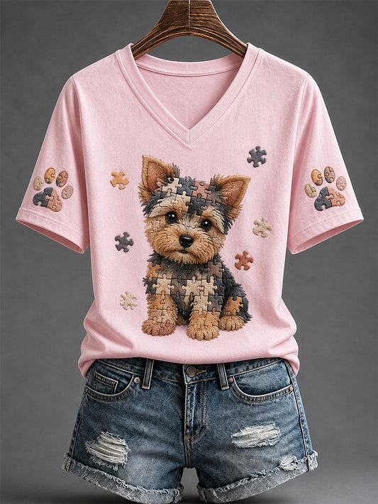 Women's Puzzle Piece Dog Print V-Neck Tee