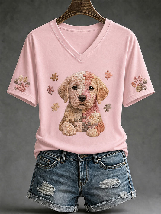 Women's Puzzle Piece Dog Print V-Neck Tee