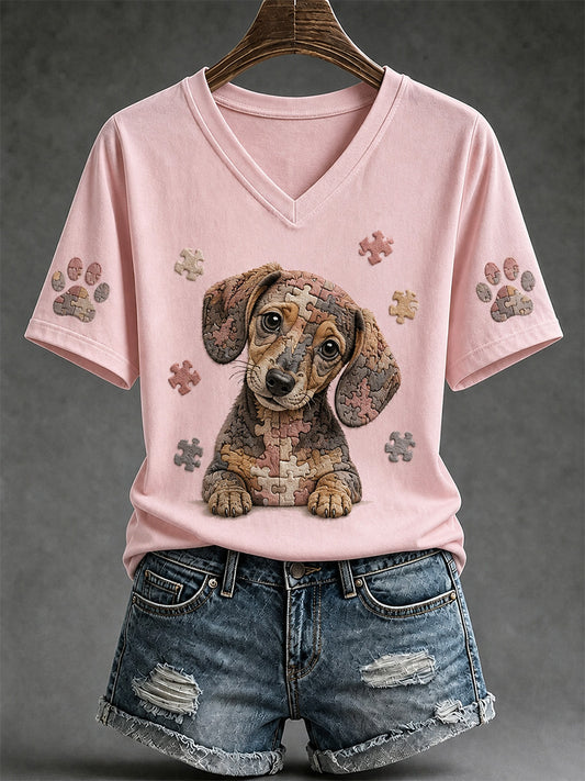 Women's Puzzle Piece Dog Print V-Neck Tee
