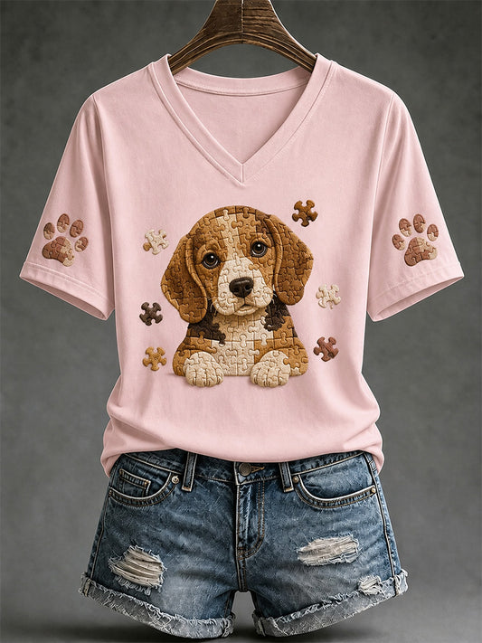 Women's Puzzle Piece Dog Print V-Neck Tee