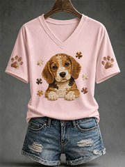 Women's Puzzle Piece Dog Print V-Neck Tee