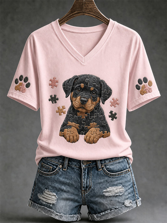 Women's Puzzle Piece Dog Print V-Neck Tee