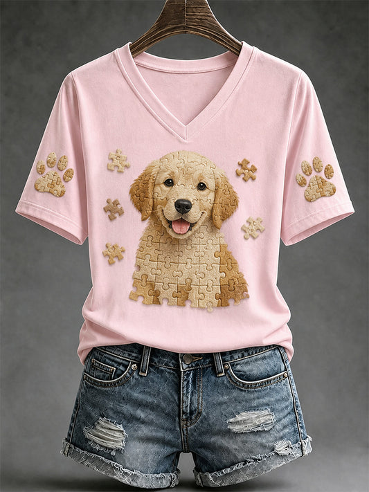 Women's Puzzle Piece Dog Print V-Neck Tee