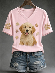 Women's Puzzle Piece Dog Print V-Neck Tee