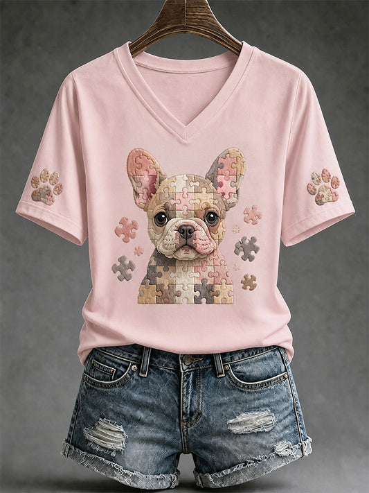 Women's Puzzle Piece Dog Print V-Neck Tee