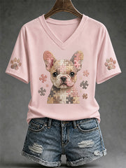 Women's Puzzle Piece Dog Print V-Neck Tee
