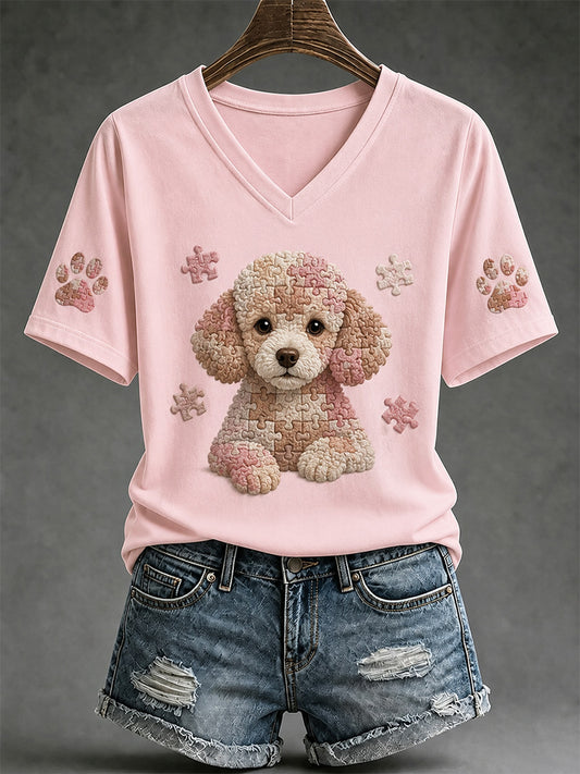 Women's Puzzle Piece Dog Print V-Neck Tee