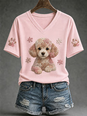 Women's Puzzle Piece Dog Print V-Neck Tee