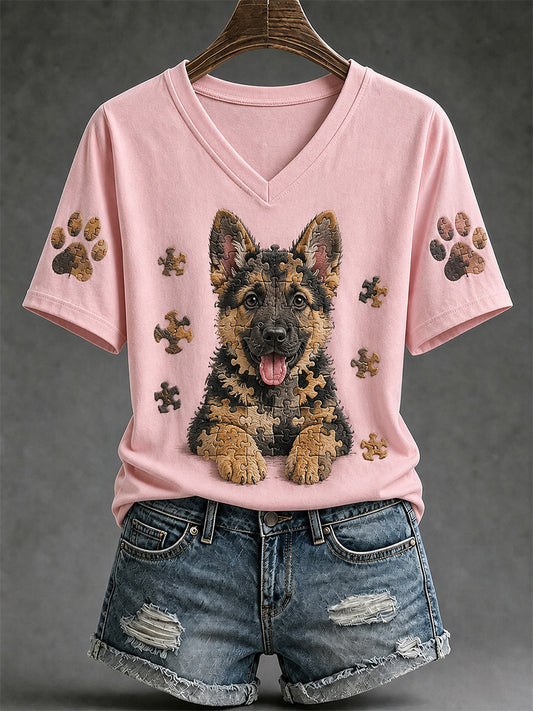 Women's Puzzle Piece Dog Print V-Neck Tee