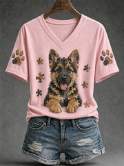 Women's Puzzle Piece Dog Print V-Neck Tee