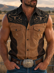 Men's Retro Western Bull Skull Print Sleeveless Shirt