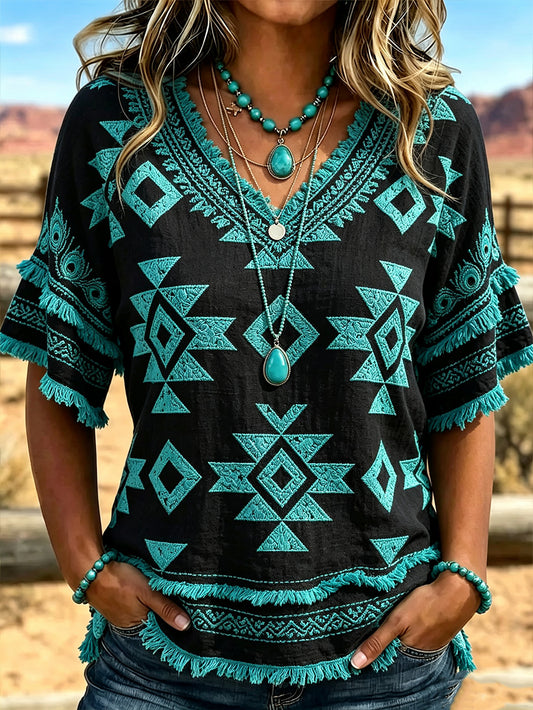 Women's western style ethnic pattern printed casual cotton and linen shirt