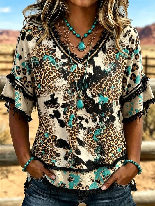 Women's Western-style Pattern Printed Casual Cotton-Linen Shirt