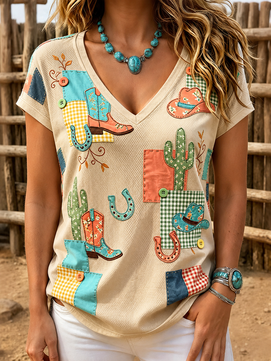 Women's Western-style print short-sleeved T-shirt