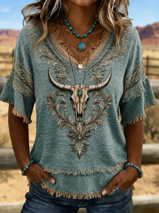 Women's Western-style print Cotton-Linen Shirt