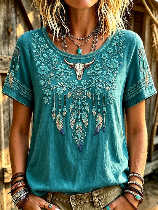 Women's Vintage Western Turquoise Floral Art Print Linen Short-sleeved T-shirt