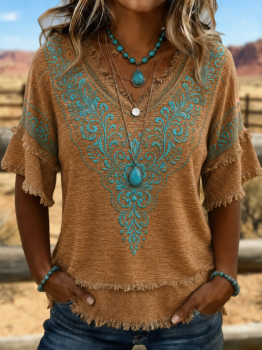 Women's Western-style print Cotton-Linen Shirt
