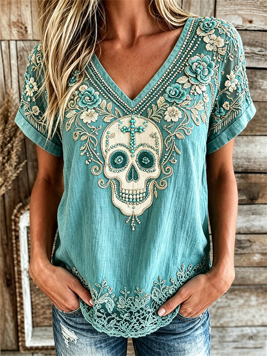 Women's Vintage Western Sugar Skull Turquoise Floral Print linen short-sleeved T-shirt