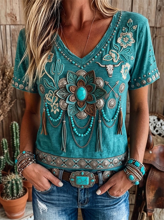 Women's Vintage Western Turquoise Floral Art Print Short-sleeved T-shirt