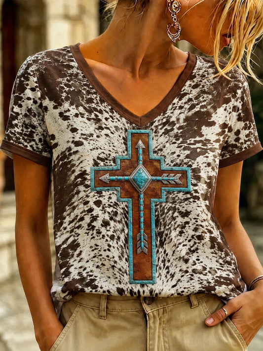 Women's Vintage Western Faith Printed V-neck T-shirt