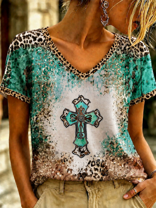 Women's Vintage Western Faith Printed V-neck T-shirt