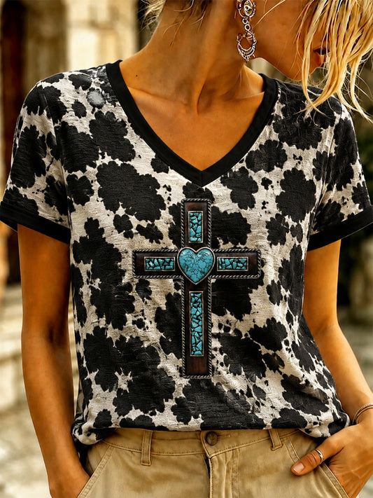 Women's Vintage Western Faith Printed V-neck T-shirt
