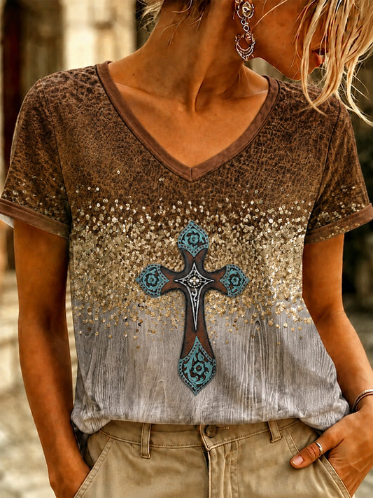 Women's Vintage Western Faith Printed V-neck T-shirt