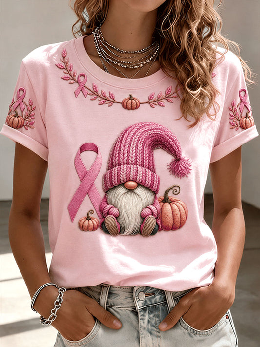 Women's Breast Cancer Awareness Pink Yarn Beanie Gnome Short-sleeved T-shirt