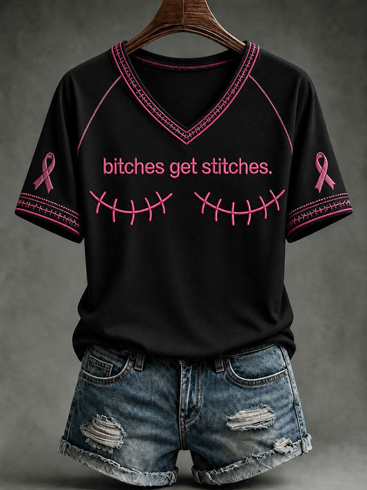 Women's Bitches Get Stitches V-neck T-shirt