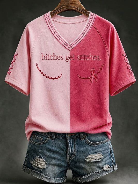 Women's Bitches Get Stitches V-neck T-shirt