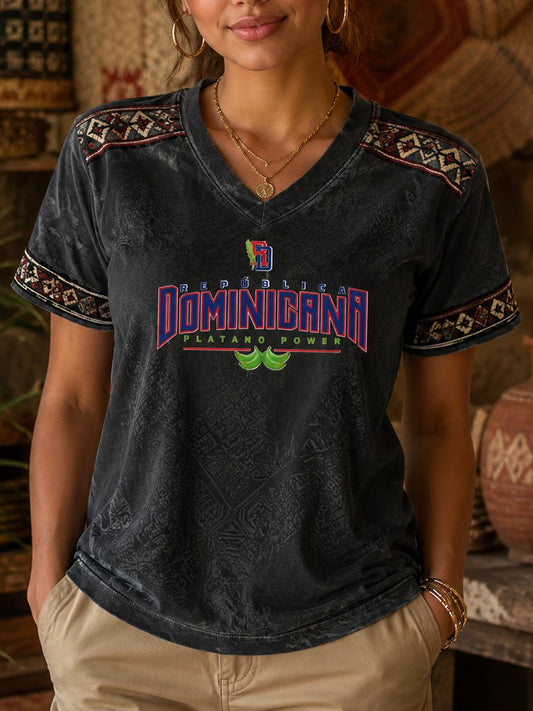 Women's Dominican Printed V-neck T-shirt