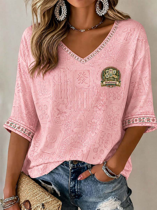 Women’s Mahjong Social Club Printed Casual T-Shirt