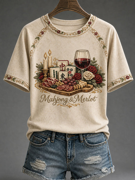 Women's Vintage Mahjong Print Casual T-Shirt
