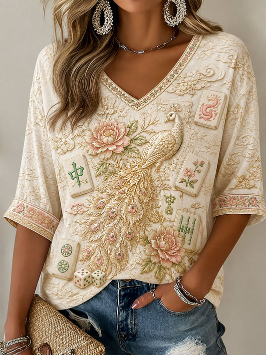 Women's Vintage Mahjong Print Casual T-Shirt