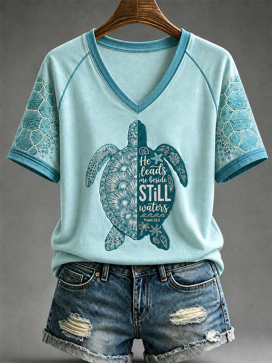 Women's He Leads Me Beside Still Waters Print Casual V-Neck Tee
