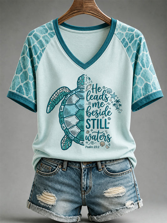 Women's He Leads Me Beside Still Waters Print Casual V-Neck Tee