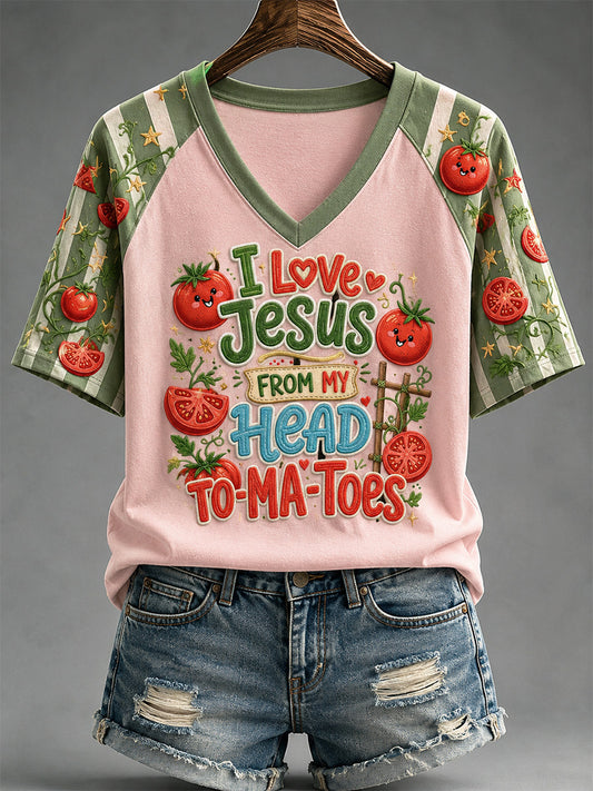 Women's I Love Jesus From My Head Tomatoes Print Casual V-Neck Tee
