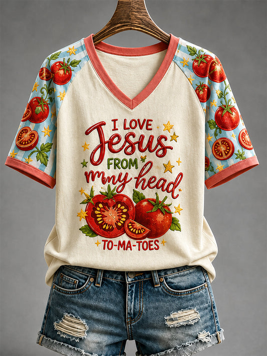 Women's I Love Jesus From My Head Tomatoes Print Casual V-Neck Tee