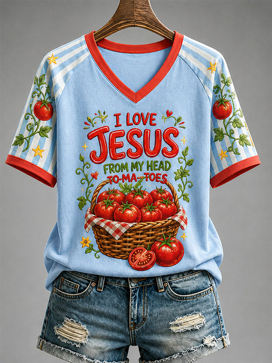 Women's I Love Jesus From My Head Tomatoes Print Casual V-Neck Tee