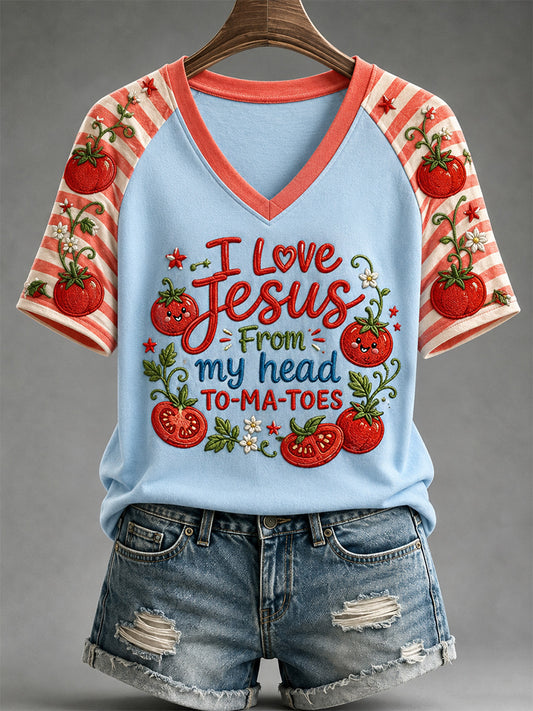 Women's I Love Jesus From My Head Tomatoes Print Casual V-Neck Tee
