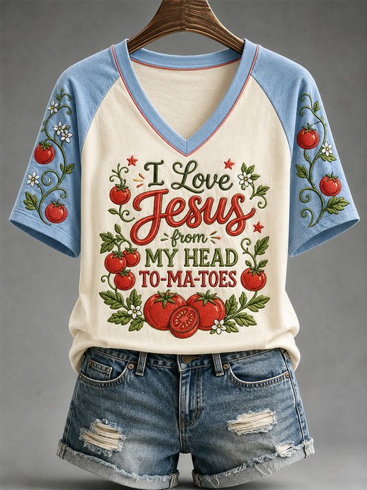 Women's I Love Jesus From My Head Tomatoes Print Casual V-Neck Tee